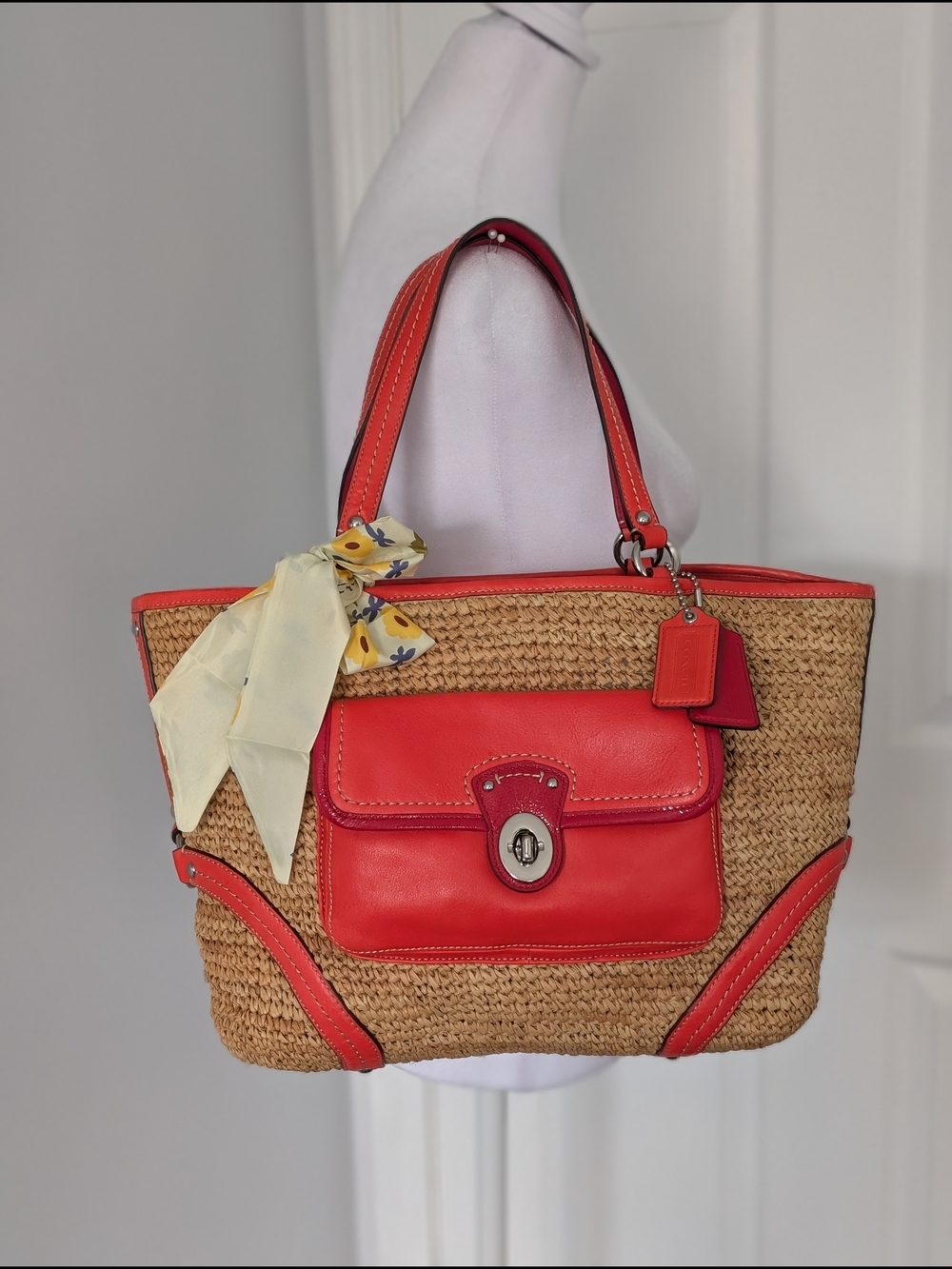 Coach Legacy Raffia Tote with Coral Leather Trim and Matching Wristlet - Picture 2 of 13